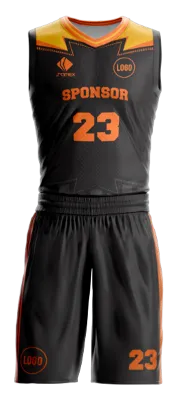 Conjuto basketball sublimada personalizado NEGRO - AMARILLO - NARANJA - LINEAS PUNTEADAS COD: 0041 .