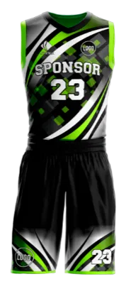 Conjuto basketball sublimada personalizado NEGRO - BLANCO - VERDE - CUADROS - FRANJAS CURVAS COD: 0044 .