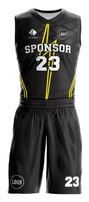 Conjuto basketball sublimada personalizado NEGRO - AMARILLO - RAYO COD: 0058 .
