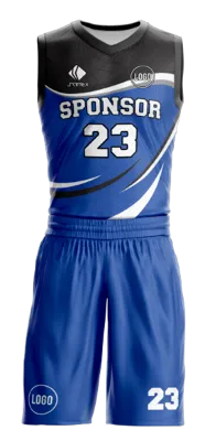 Conjuto basketball sublimada personalizado AZUL - NEGRO - FRANJAS CURVAS GRIS COD: 0063 .