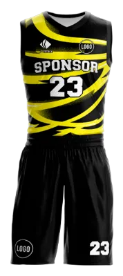 Conjuto basketball sublimada personalizado NEGRO - AMARILLO - FRANJAS CURVAS COD: 0067 .