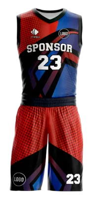 Conjuto basketball sublimada personalizado NEGRO - AZUL - ROJO - PUNTOS - GEOMETRICO COD: 0069 .