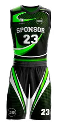 Conjuto basketball sublimada personalizado NEGRO - VERDE - LINEAS- FRANJAS CURVAS COD: 0070 .