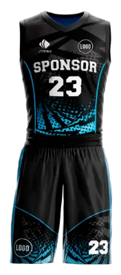 Conjuto basketball sublimada personalizado NEGRO - CELESTE - RAYOS - PUNTOS COD: 0075 .