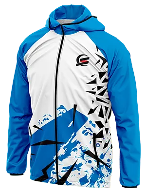 CORTAVIENTO DEPORTIVO BLANCO - FRANJA CELESTE - FORMAS GEOMETRICAS NEGRO cod: 0112 .
