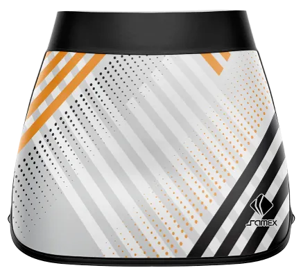 Falda Padel Cod 0030 FALDA PADEL GRIS - FRANJAS GRIS - NEGRO - CIRCULOS NARANJA.