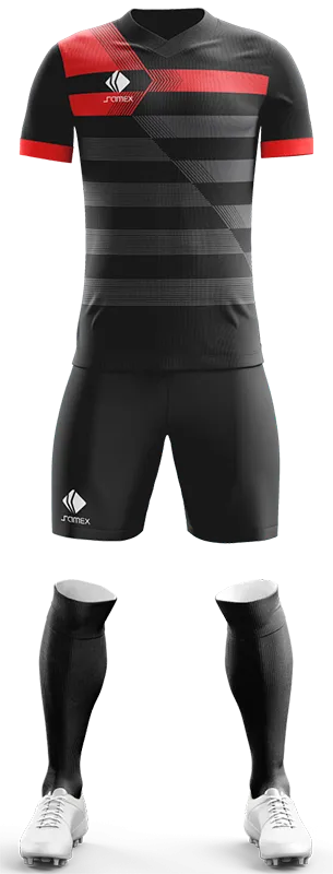 CONJUNTO FUTBOL COD. 465 NEGRO - FRANJAS GRIS CON ROJO