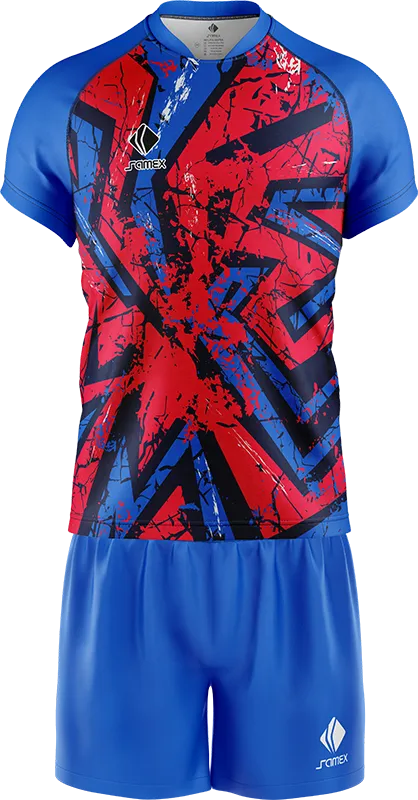 CONJUNTO RUGBY COD. 003 ROJO FIGURAS GEOMETRICAS AZUL