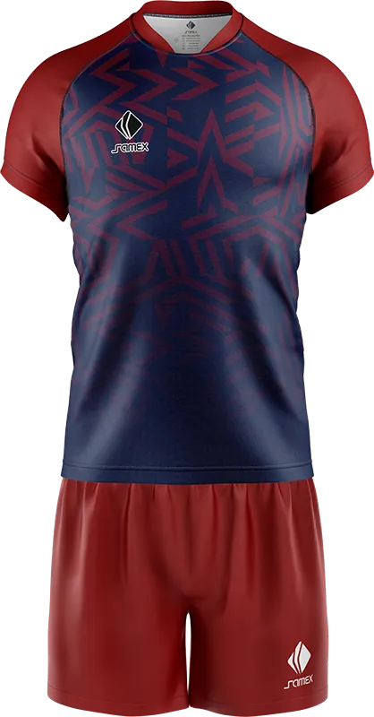CONJUNTO RUGBY COD. 010 AZUL LINEAS GEOMETRICAS ROJO