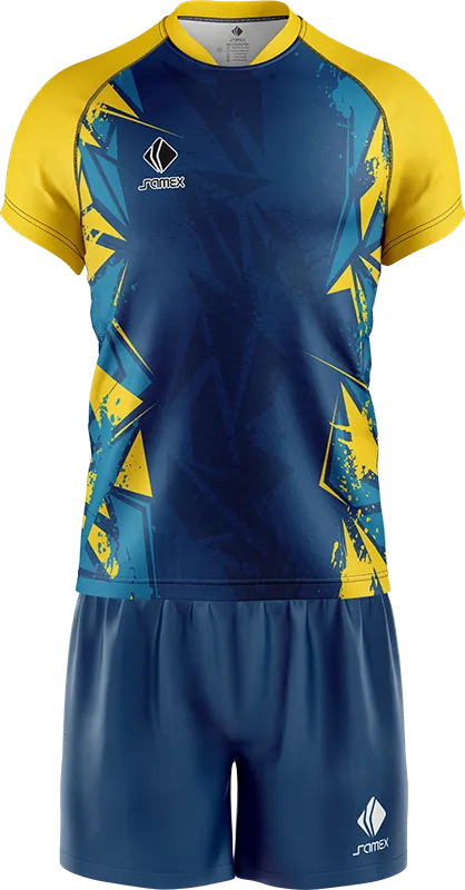 CONJUNTO RUGBY COD. 020 AZUL TRIANGULOS AMARILLO - CELESTE
