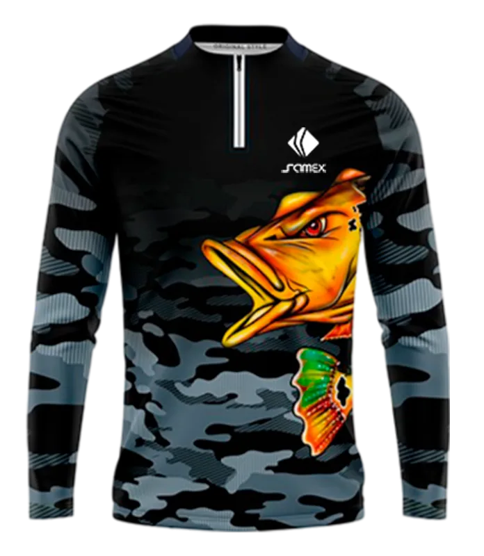 CAMISETA PESCA CAMUFLADO - NEGRO - PEZ NARANJA COD: 0012 .