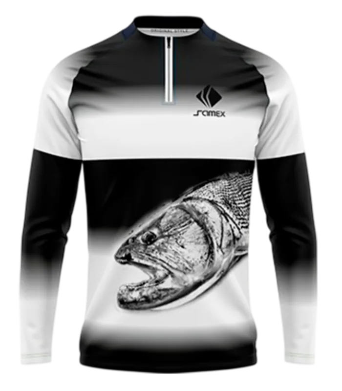 CAMISETA PESCA FRANJAS BLANCO - NEGRO - PEZ COD: 0013 .