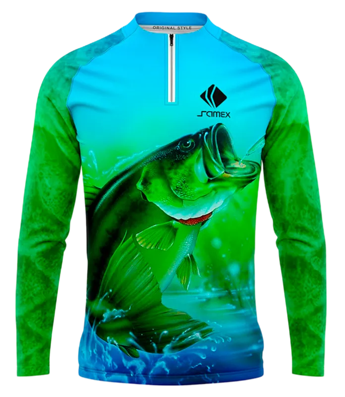 CAMISETA PESCA VERDE - CELESTE - PEZ SALTANDO COD: 0019 .