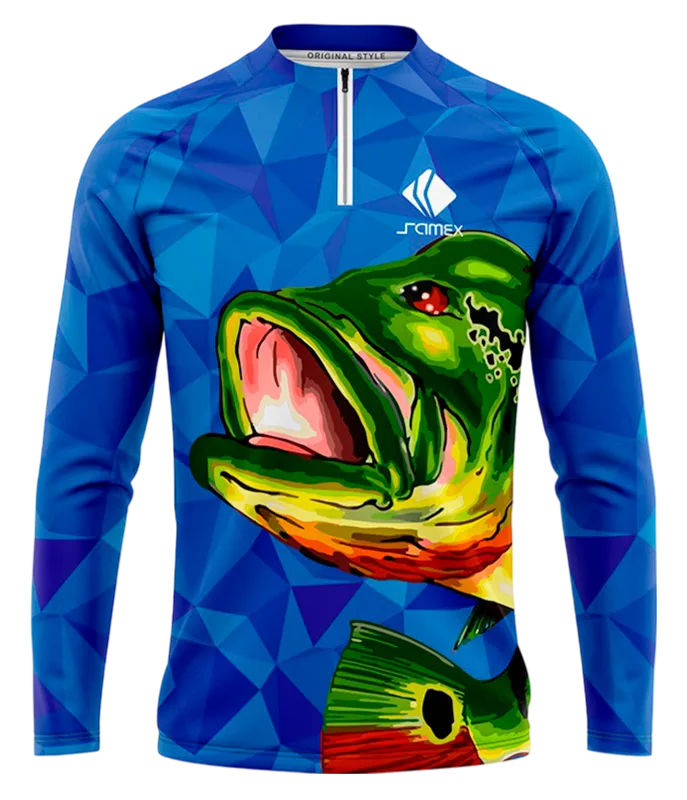CAMISETA PESCA TRIANGULOS AZUL - PEZ VERDE COD: 0023 .