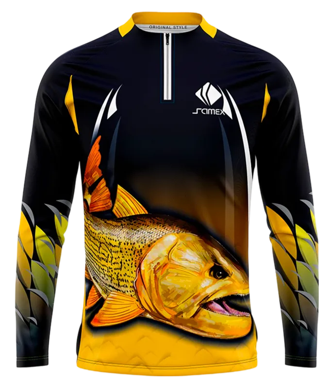 CAMISETA PESCA NEGRO - AMARILLO - PEZ DORADO COD: 0031 .