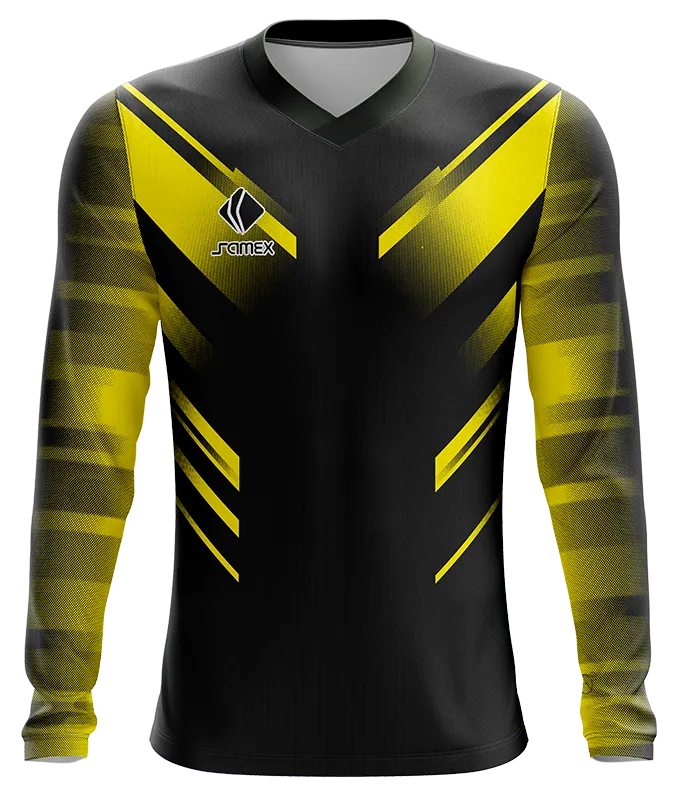 CAMISETA FUTBOL MANGA LARGA COD. 010 NEGRO - FRANJAS AMARILLO