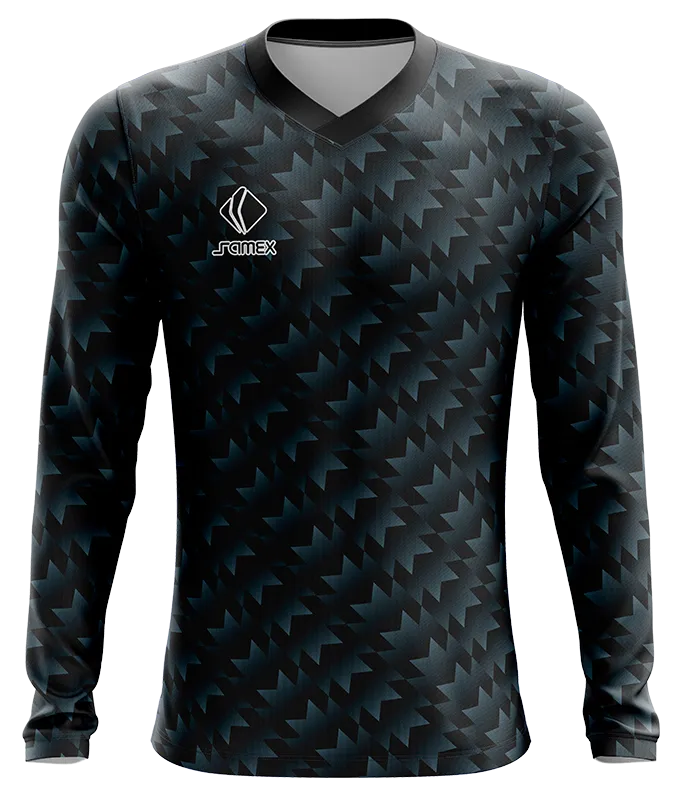 CAMISETA FUTBOL MANGA LARGA COD. 015 NEGRO TRIANGULOS GRIS