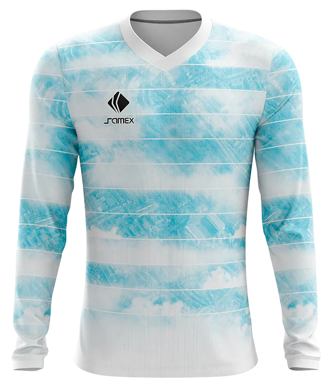 CAMISETA FUTBOL MANGA LARGA COD. 016 BLANCO - CELESTE - FRANJA