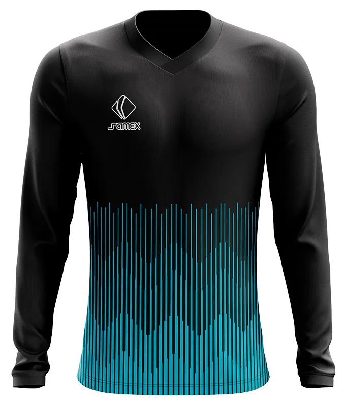 CAMISETA FUTBOL MANGA LARGA COD. 028 NEGRO - CELESTE LINEAS