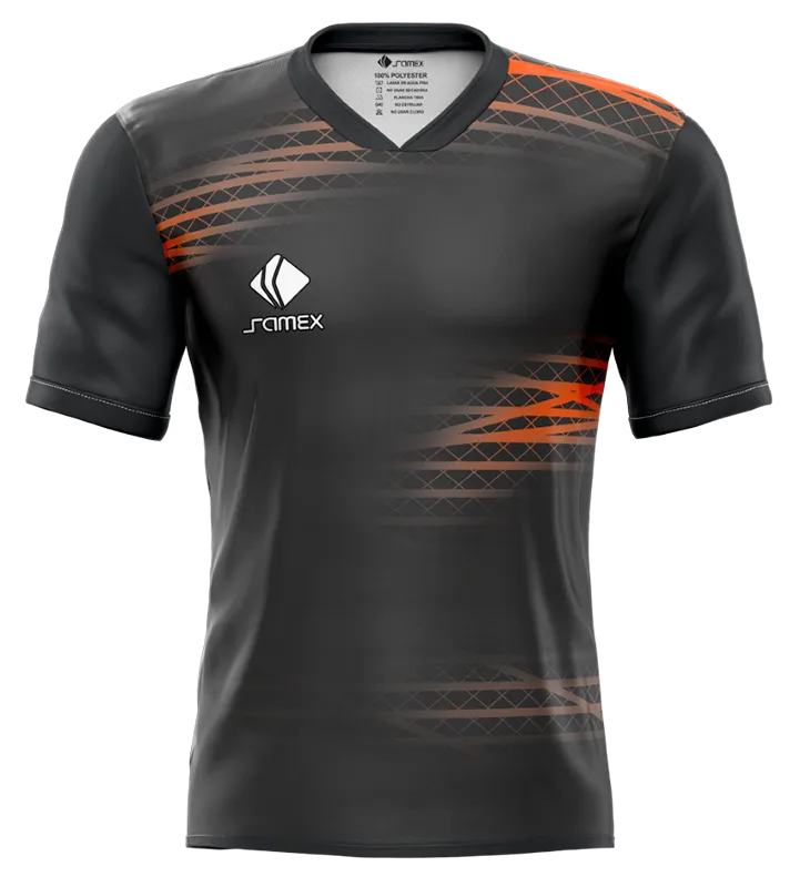CAMISETA DE FUTBOL COD. 064 DISEÑO PUMA NEGRO LINEAS NARANJA