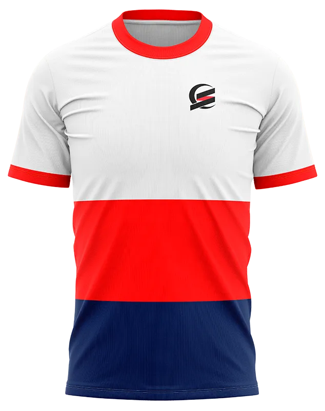 CAMISETA PADEL COD. 028 BLANCO - FRANJAS ROJO - AZUL