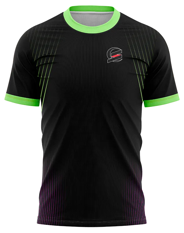 CAMISETA PADEL COD. 037 NEGRO - LINEAS MORADO - VERDE