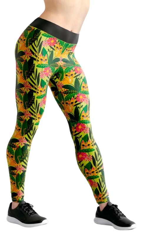 CALZA COD. 202 FLORAL VERDE LIMON - HOJAS TROPICALES - GATOS