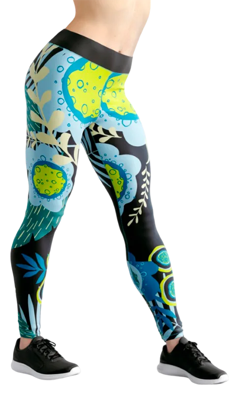 CALZA COD. 206 FLORAL NEGRO - FLORES CELESTE - HOJAS