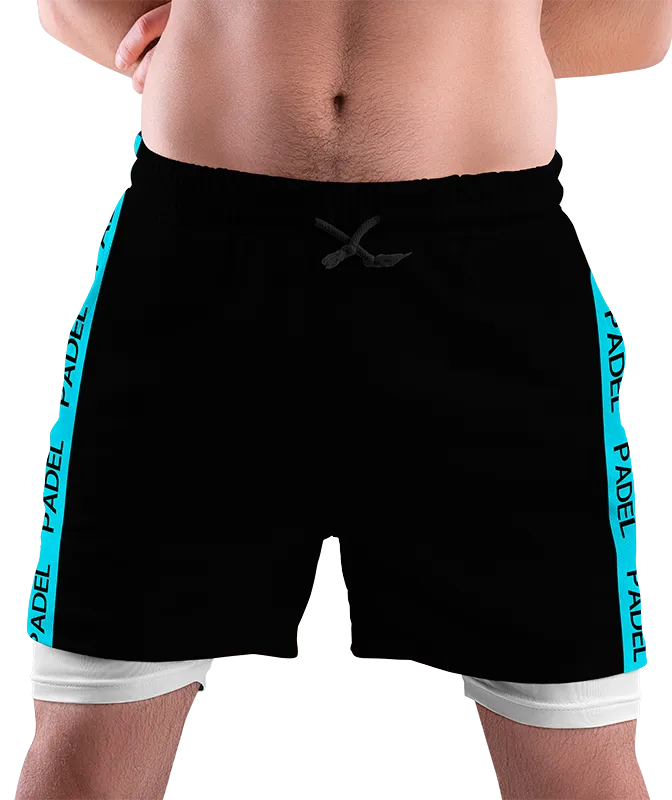SHORT DEPORTIVO SHORT PADEL NEGRO FRANJAS CELESTE COD: 0031 .