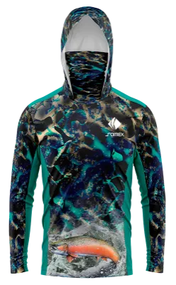 POLERON PESCA ESTAMPADO ACUARELA TURQUESA - NEGRO - DORADO - TRUCHA ARCOIRIS cod: 0014 .