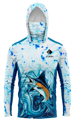 POLERON PESCA ACUARELA BLANCO CON AZUL - DIBUJO PEZ ESPADA cod: 0016 .