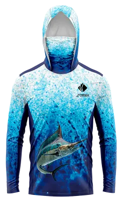 POLERON PESCA SALPICADURA PINTURA AZUL - BLANCO - PEZ ESPADA cod: 0024 .