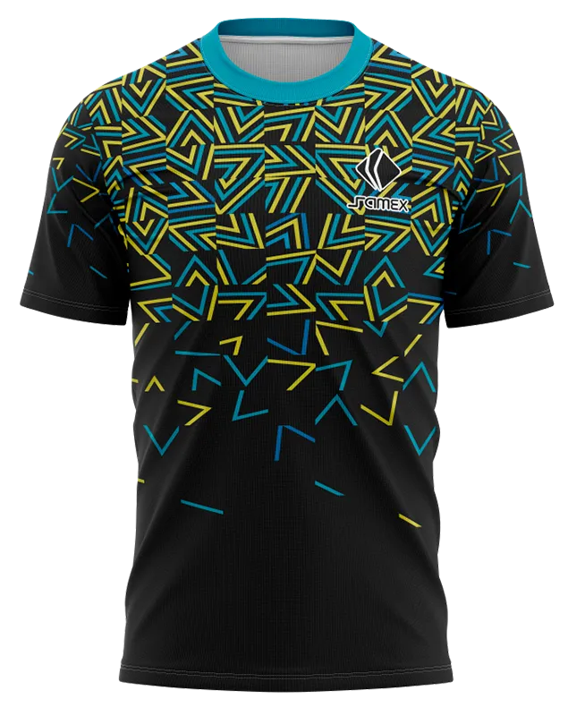 Camisetas Running Cod 0028 NEGRO- LINEAS CELESTE-AMARILLO .