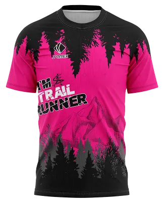 CAMISETA RUNNING COD. 059 NEGRO - ROSADO - MONTAÑAS - PINOS