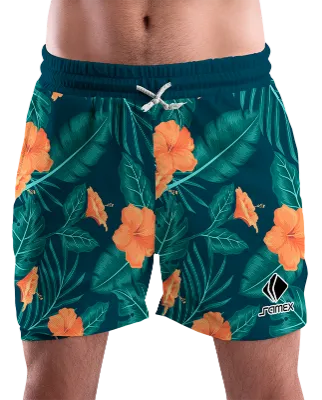 SHORT URBANO HOMBRE COD. 058 AZUL - HOJAS VERDES - FLORES NARANJAS