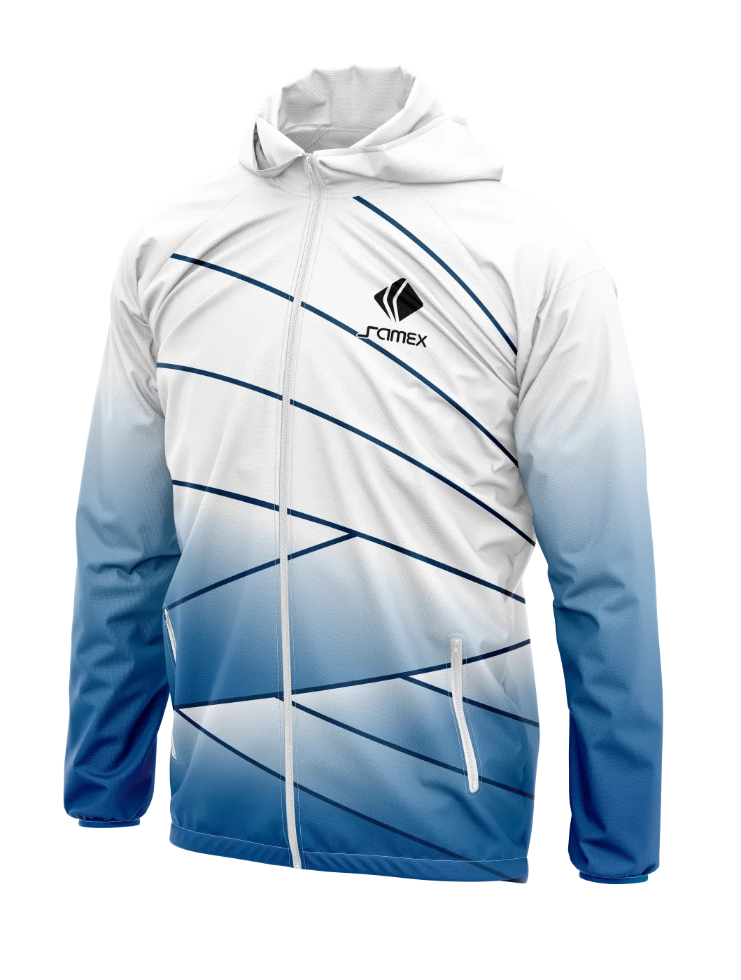 Cortavientos Deportivo blanco y azul diseño abstracto