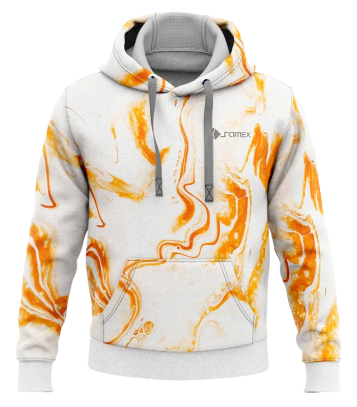 POLERON CON CAPUCHA BLANCO - ESTAMPADO MARMOL NARANJA COD: 0014 .