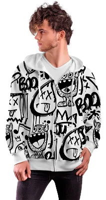 POLERON CON CIERRE COD. 021 BLANCO ESTAMPADO GRAFITI NEGRO