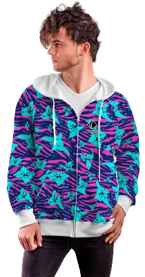 POLERON CON CIERRE COD. 084 AZUL EFECTO ZEBRA ROSADO, FLORES