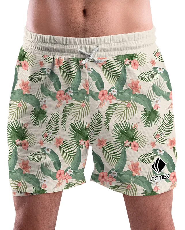 SHORT URBANO HOMBRE COD. 061 BEIGE - HOJAS VERDES - FLORES ROSADO