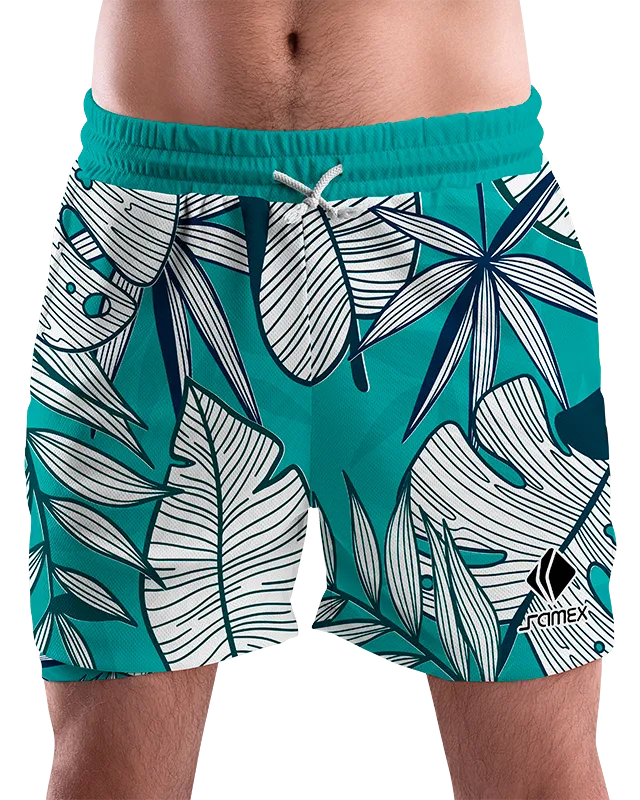 SHORT URBANO HOMBRE COD. 080 TURQUESA HOJAS BLANCO
