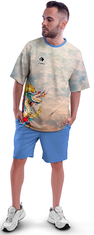 Polo Oversize Cod 0017 CREMA - AZUL - ESTAMPADO TIE DYE DRAGON .