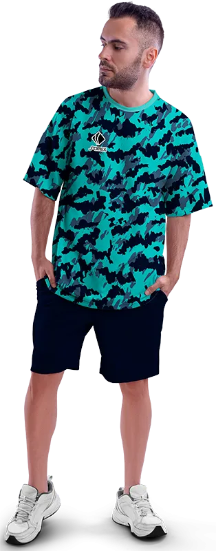 Polo Oversize Cod 0074 AZUL CAMUFLADO TURQUESA - GRIS .