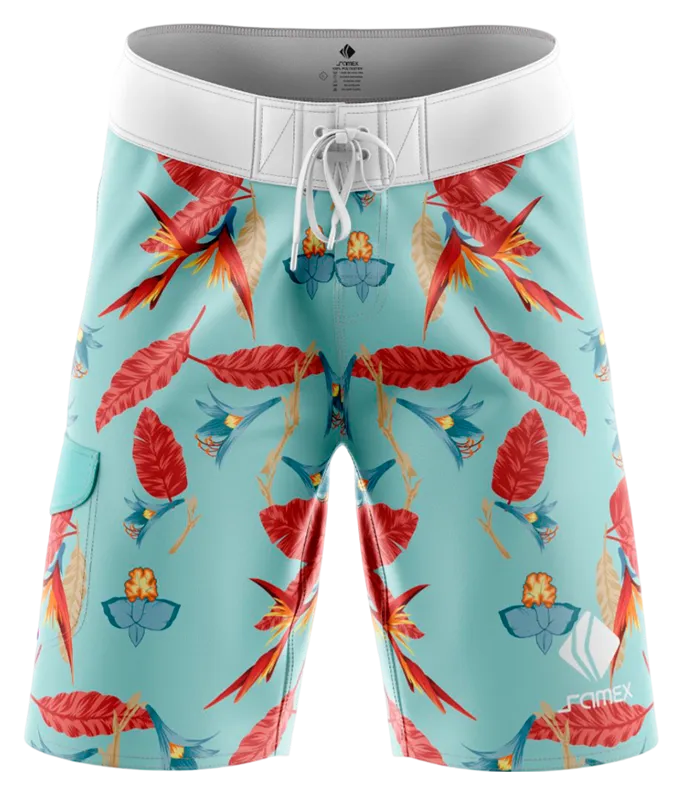 SHORT LARGO CELESTE - HOJAS ROJAS - FLORES CELESTES COD: 0008 .