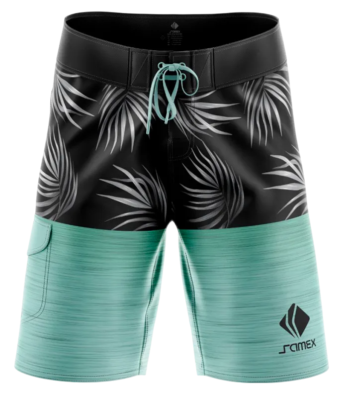 SHORT LARGO NEGRO - TURQUESA - HOJAS COD: 0023 .