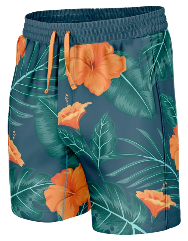 SHORT CORTO AZUL - HOJAS VERDES - FLORES NARANJAS COD: 0015 .