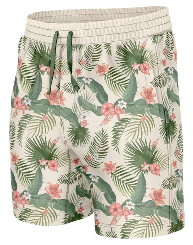 SHORT CORTO BEIGE - HOJAS VERDES - FLORES ROSADO COD: 0018 .