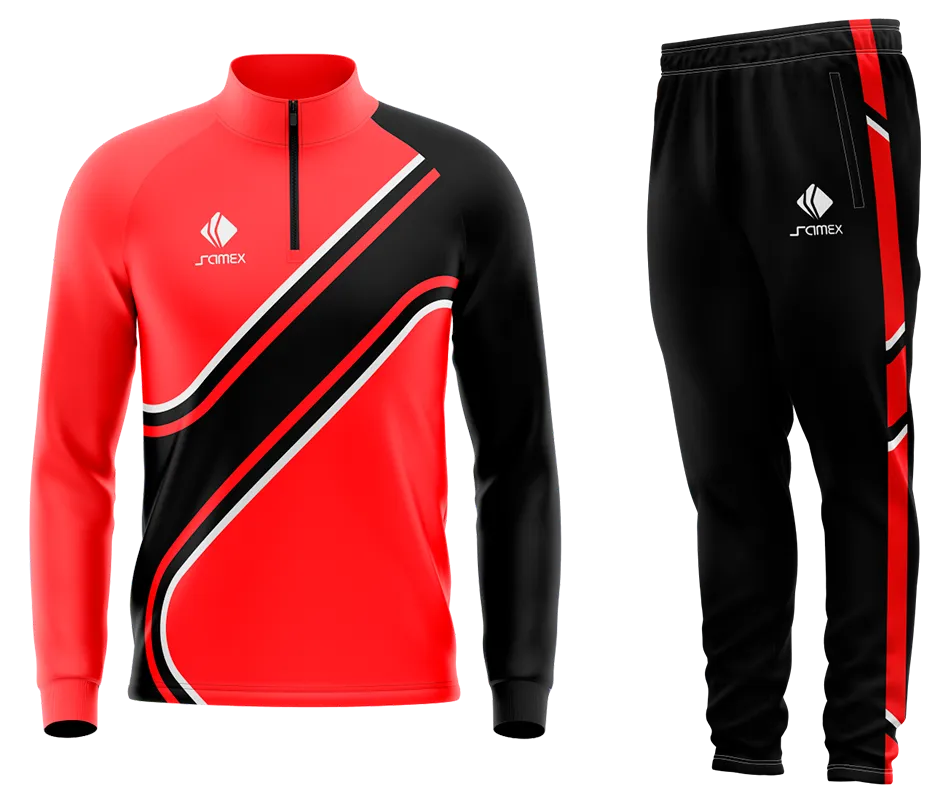 Conjunto Buzo Medio Cierre Cuello Alto ROJO FRANJA NEGRA LINEAS BLANCA COD 26