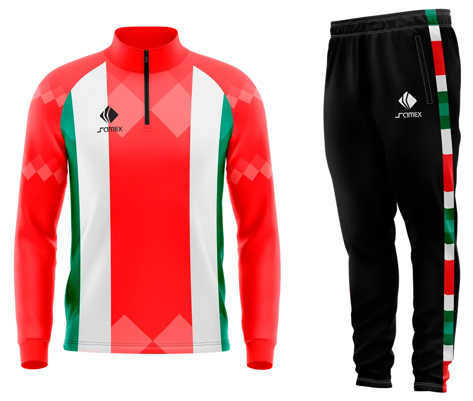 Conjunto Buzo Medio Cierre Cuello Alto PALESTINO HOME KIT 2020-21 ROJO - BLANCO - VERDE - FRANJAS COD 36