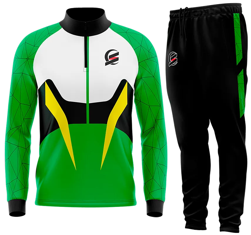 BUZO DEPORTIVO VERDE - NEGRO - FRANJA - LINEAS TRIANGULARES AMARILLO cod: 0137 .